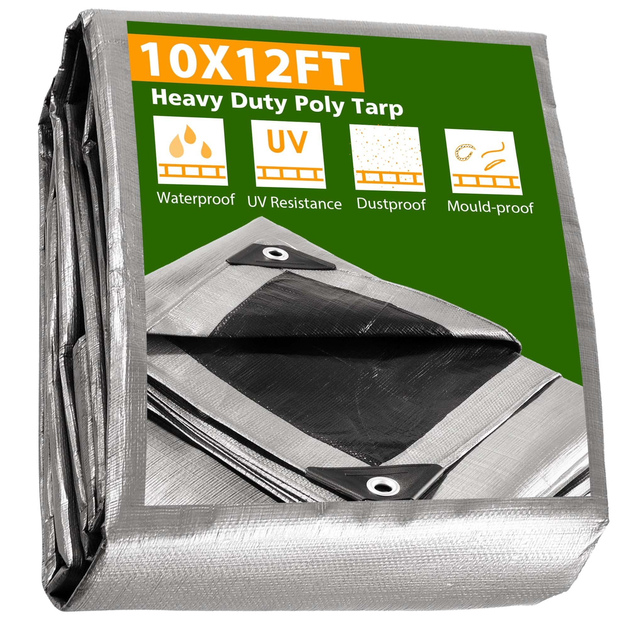 10x12ft Heavy Duty Poly Tarp/ Silver+Black - As Picture 10x12ft Heavy Duty Poly Tarp/ Silver+Black - As Picture